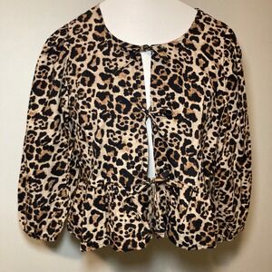 NWT Sim Sam‎ Leopard Print Bow Tie Peplum Puff Blouse Women S Cotton Modernchic